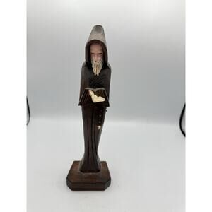 Vintage Hand-Carved Monk Figurine Holding Book – 8.5” Religious Statue